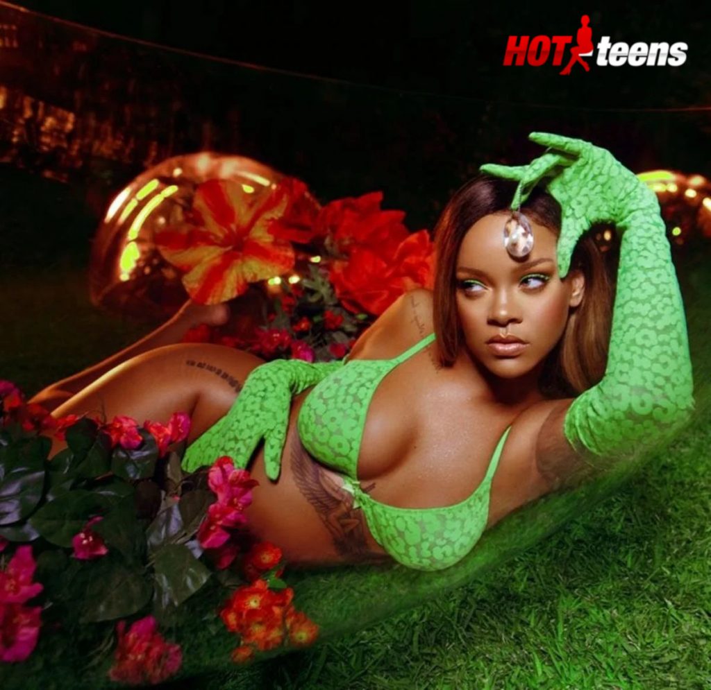 rihanna in green lingerie