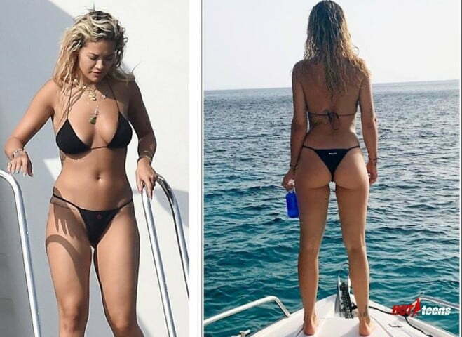 Sexy Rita Ora in black mini bikini showing her ass on a boat