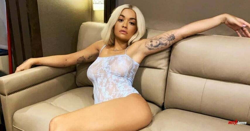 See through lingerie of Rita Ora on sofa