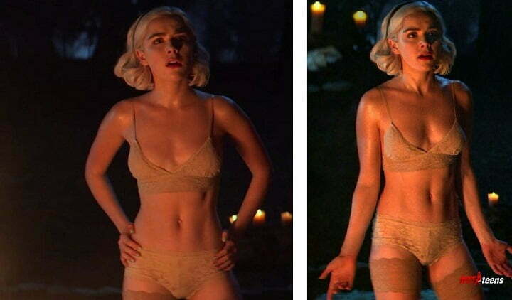 Kiernan Shipka half nude in lingerie on set of Chilling Adventures