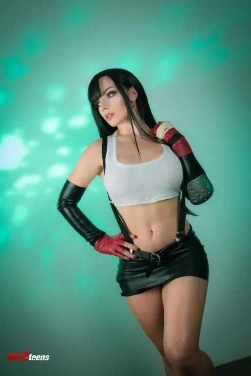 Cosplay with mini black skirt and white top