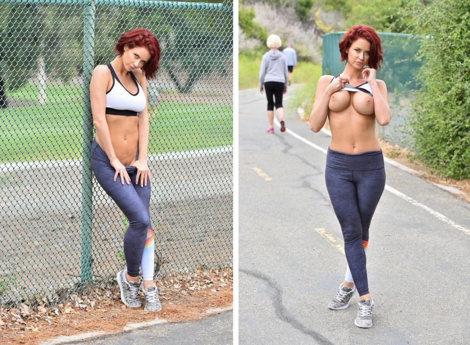 Nude hot babe taking public boobs pics while running.