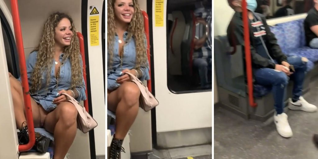 Curly blonde showing everything on subway - Multiple angles of risky public flashing on crowded train.